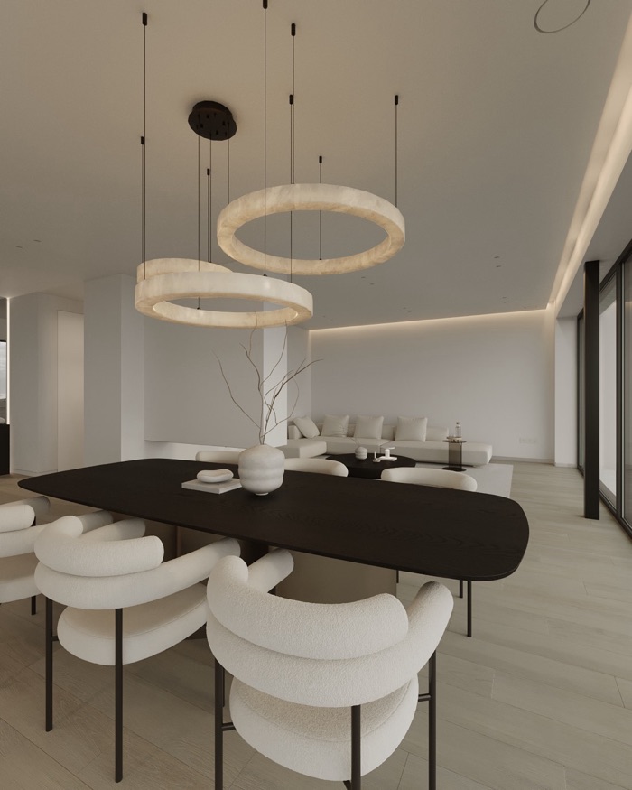 Dining area with ring pendant lights